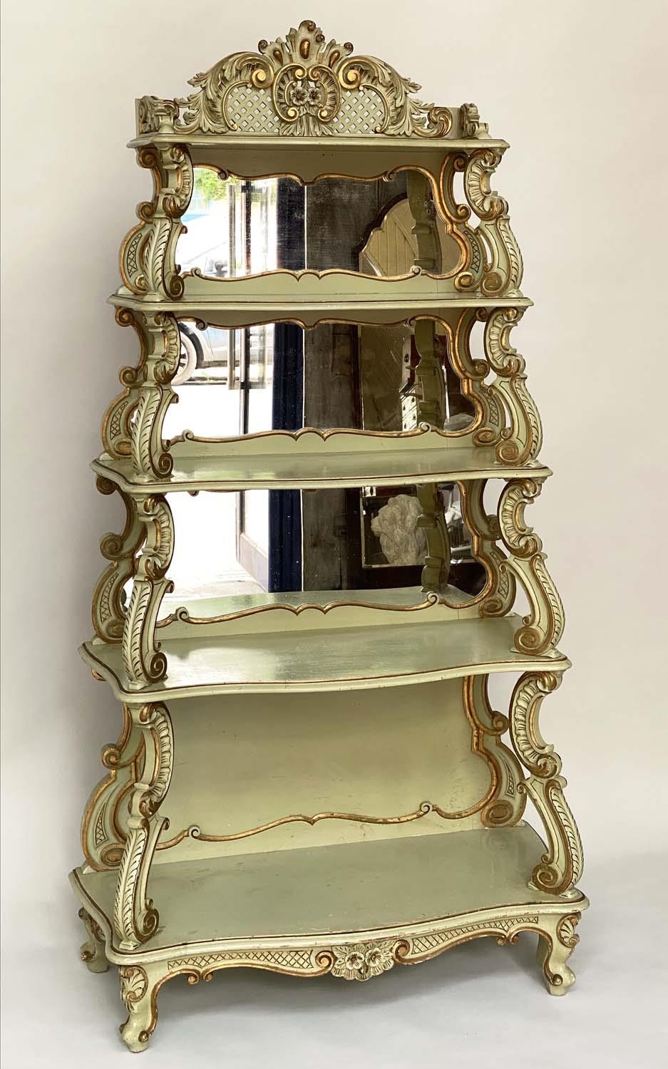 DISPLAY SHELVES, Continental late 19th/early 20th century green and parcel gilt with four