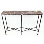CONSOLE TABLE, French wrought iron base with rectangular breche rouge marble top, 102cm H x 153cm