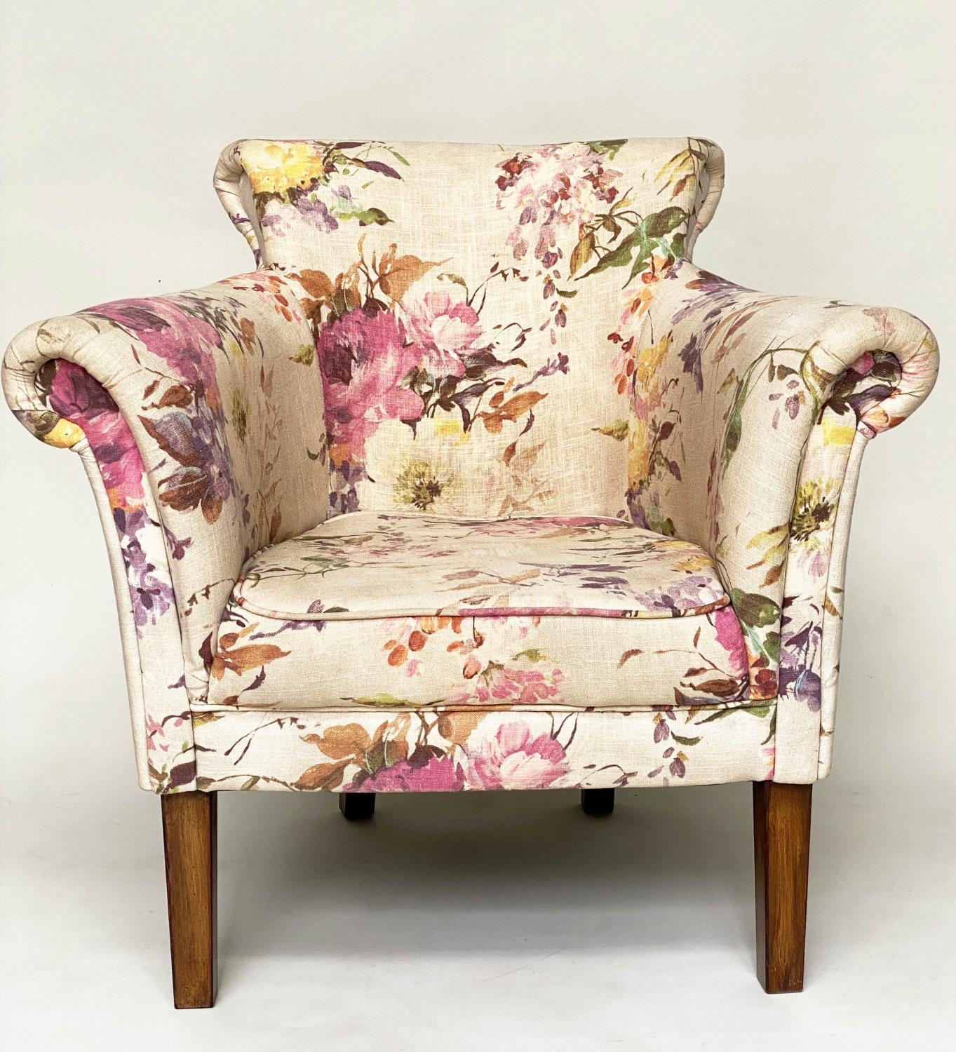 TUB ARMCHAIRS, a pair, with bow backs and Country House style printed linen upholstery and - Image 5 of 12