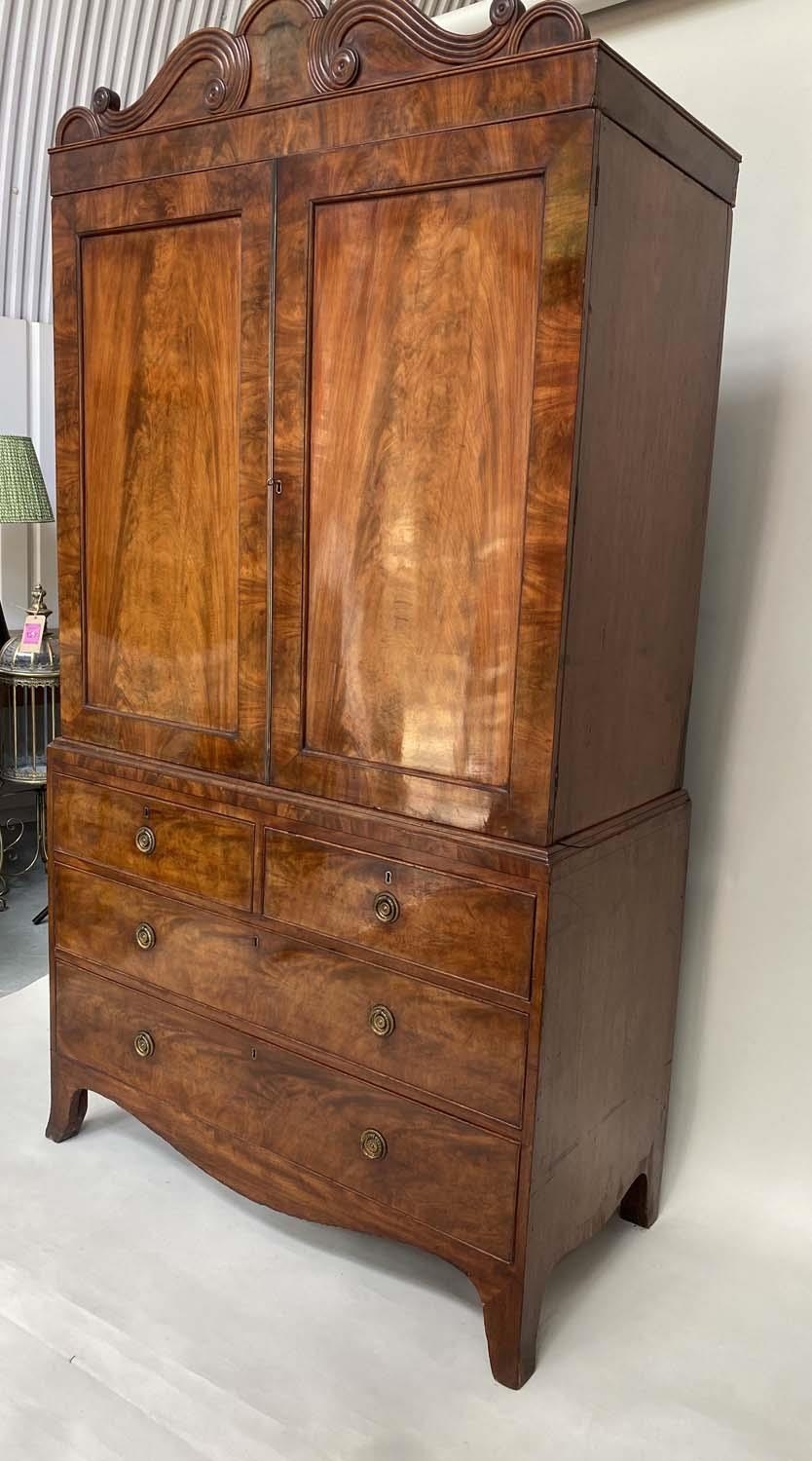 LINEN PRESS, Regency flame mahogany, scroll cornice above two panelled doors (original slide - Image 3 of 4