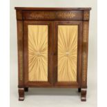 REGENCY SIDE CABINET, rosewood and brass inlaid with two yellow silk panelled doors, 68cm W x 28cm D