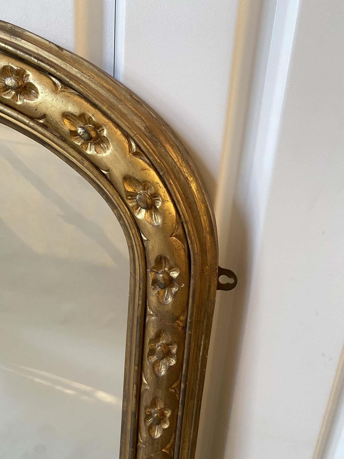 OVERMANTEL MIRROR, late 19th century English carved giltwood with arched moulded frame and - Image 3 of 6