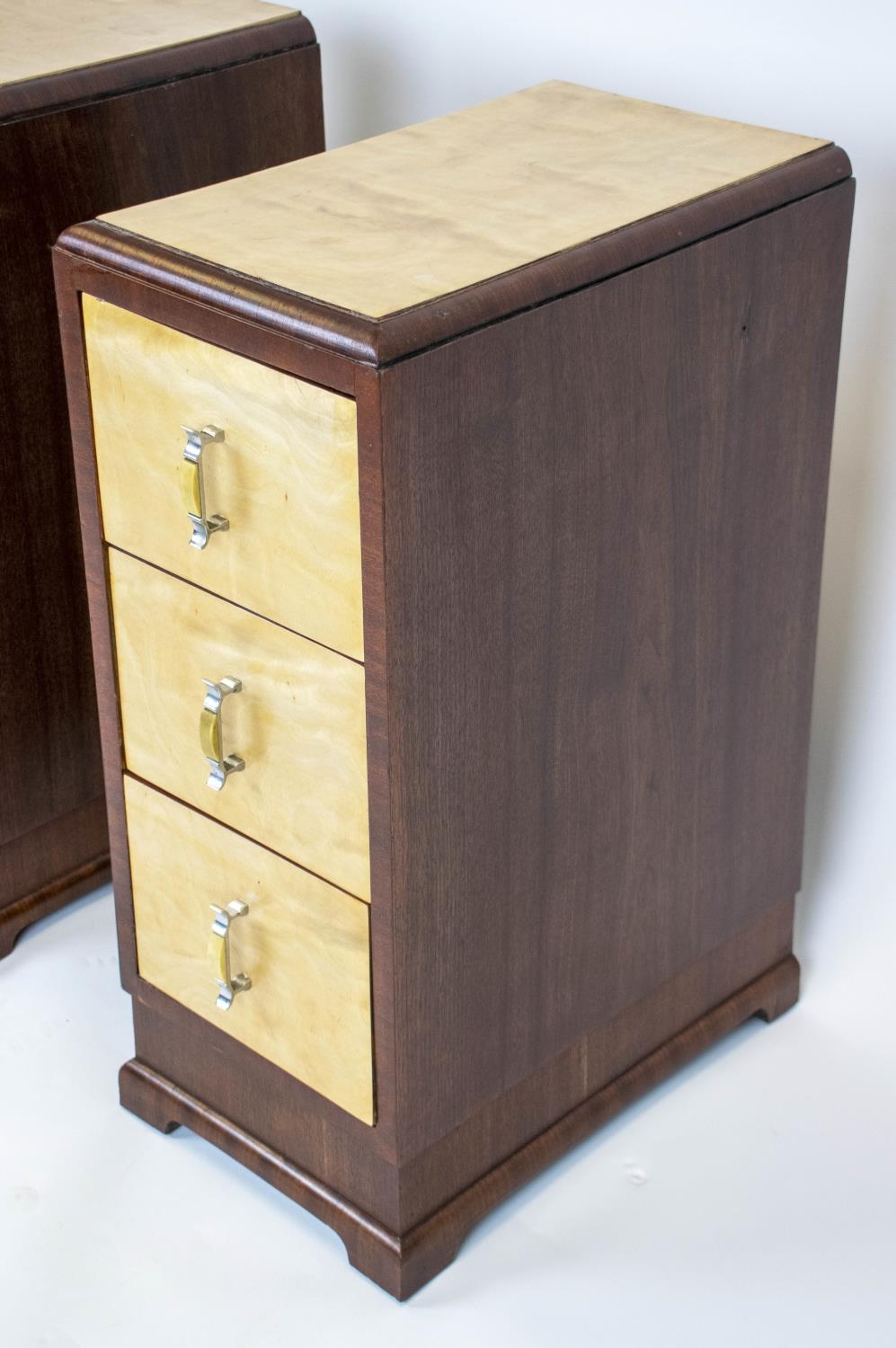 BEDSIDE CHESTS, 72cm H x 30cm W x 46cm D, a pair, Art Deco birch and walnut, each with three drawers - Image 2 of 4