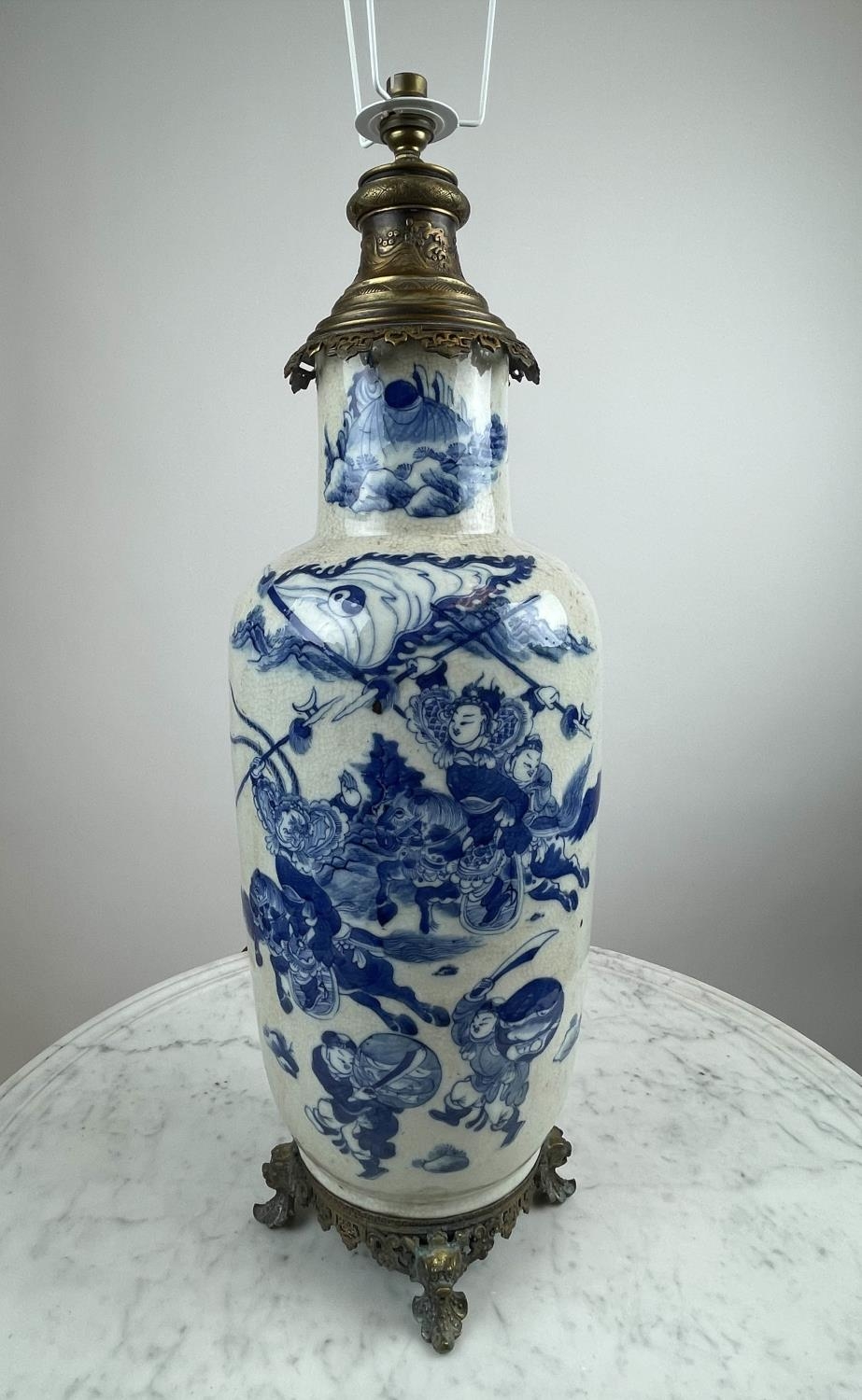 CHINESE LAMP, 19th century blue and white converted vase with battle scene decoration and - Image 3 of 15