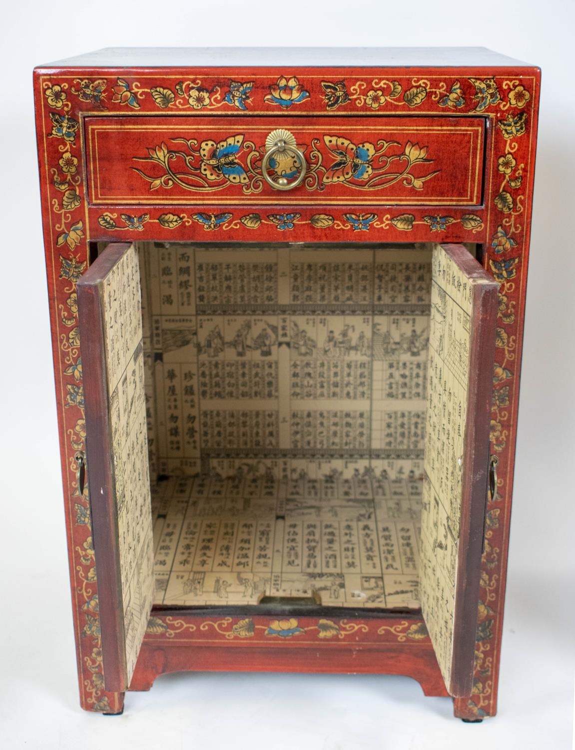 BEDSIDE CABINETS, 61cm H x 40cm W x 32cm D, a pair, Chinese scarlet and butterfly decorated, each - Image 4 of 4