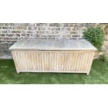 GARDEN STORAGE BOX, rectangular planked teak waterproof with hydraulic hinged rising lid by '