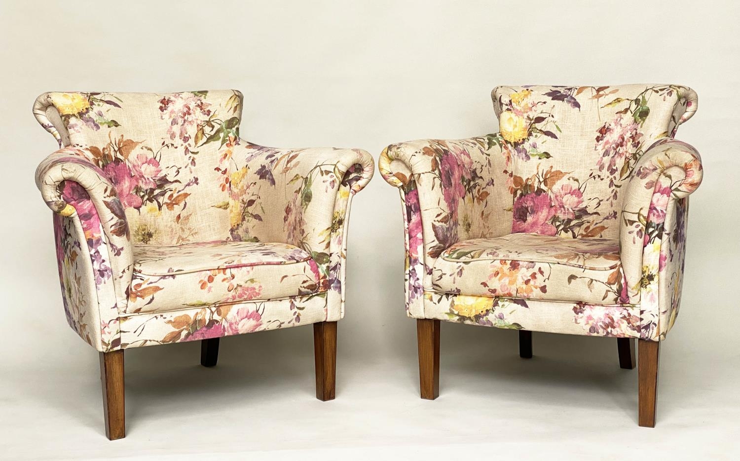TUB ARMCHAIRS, a pair, with bow backs and Country House style printed linen upholstery and - Image 2 of 12