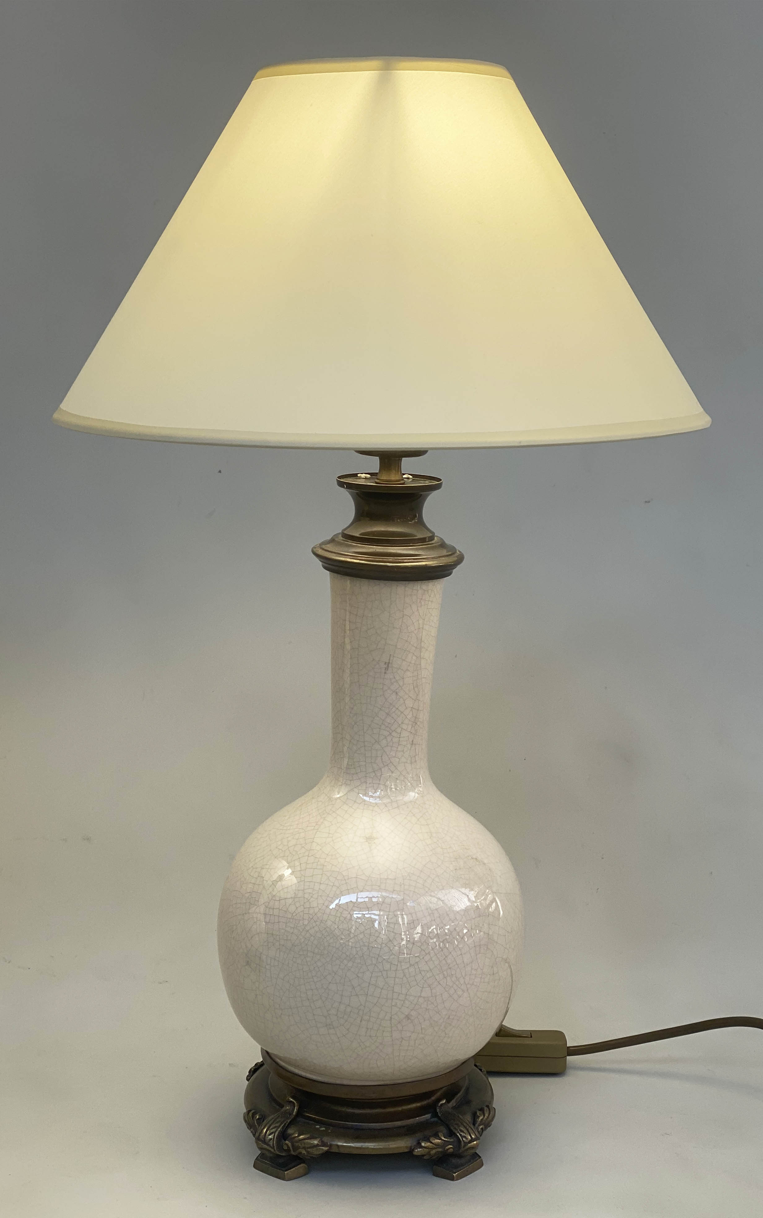 TABLE LAMPS, a pair, gourd vase form crackle glaze with gilt metal mounts and shades. (2) - Image 6 of 7