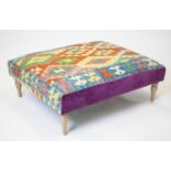 HEARTH STOOL, 36cm H x 107cm W x 86cm D, light oak with kilim and purple velvet upholstery.