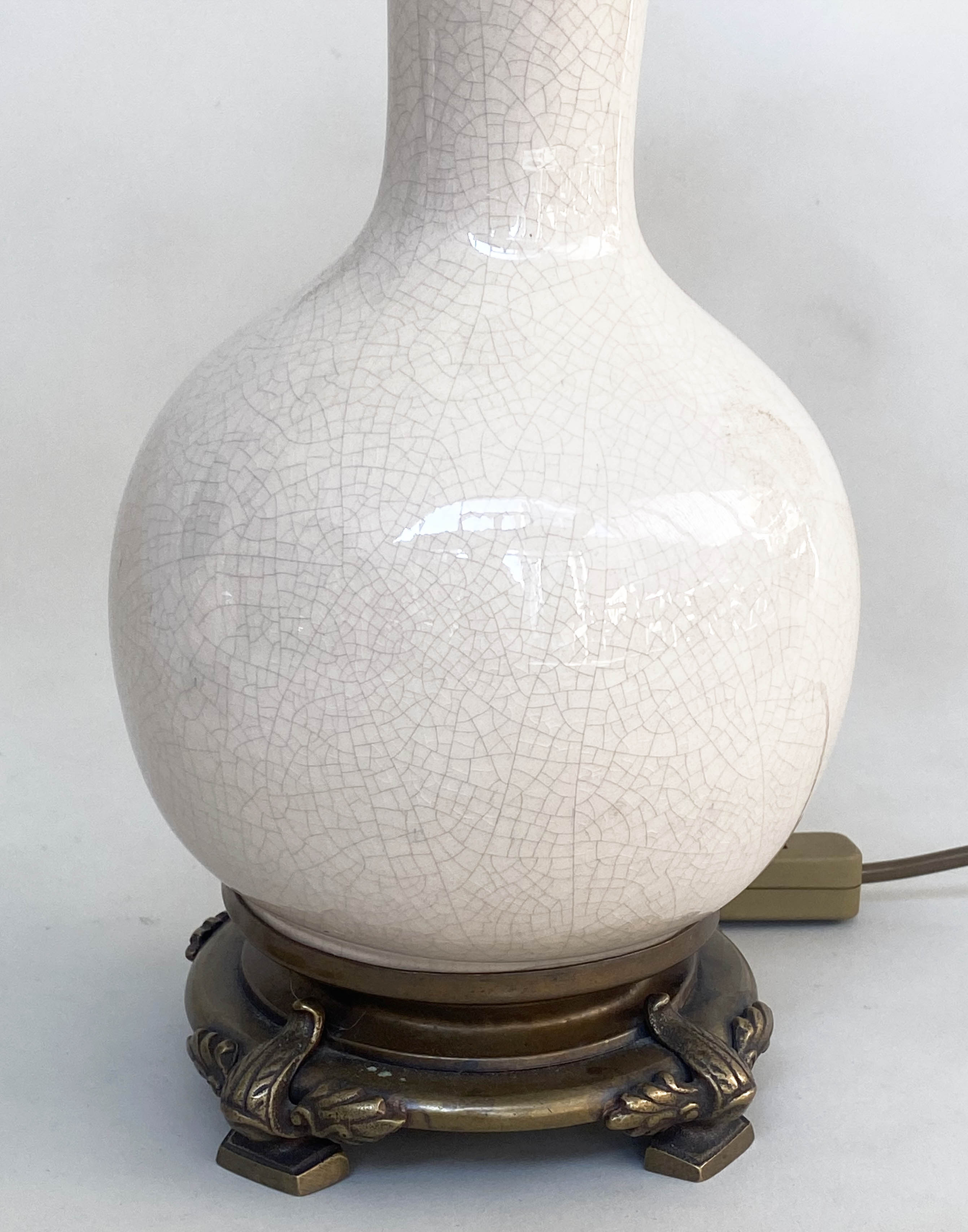 TABLE LAMPS, a pair, gourd vase form crackle glaze with gilt metal mounts and shades. (2) - Image 3 of 7