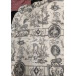 TOILE-DE-JOUY CURTAINS AND PELMET BACKS, a pair, 260cm gathered x 285cm dropped, tiebacks. (5)