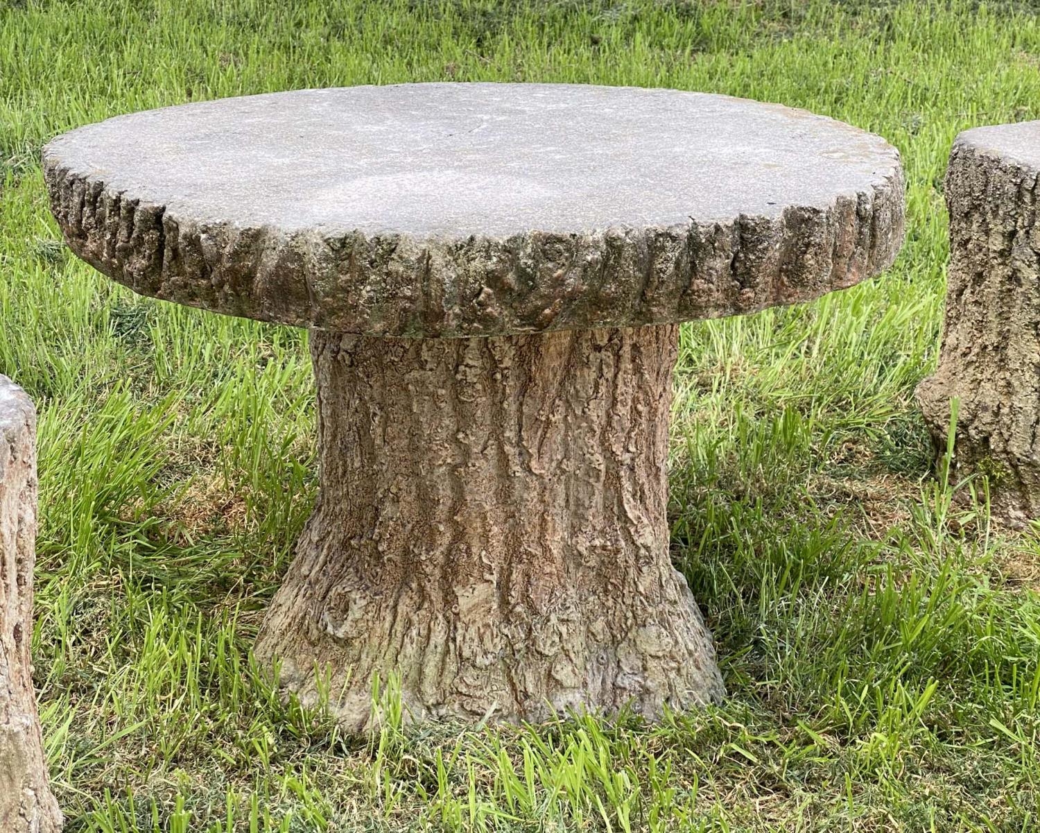 GARDEN 'TREE TRUNK' TABLE AND STOOLS, a pair, well weathered reconstituted stone in the form of tree - Image 3 of 3