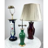 CHINESE LAMPS, three 18th/19th century including a flambe glazed facetted hu-form lamp with silk