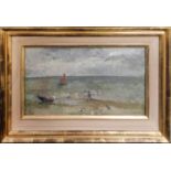 PETER GREENHAM, 'Beach Scene', oil on board, 17cm x 31cm, signed to board verso, framed. (Subject to