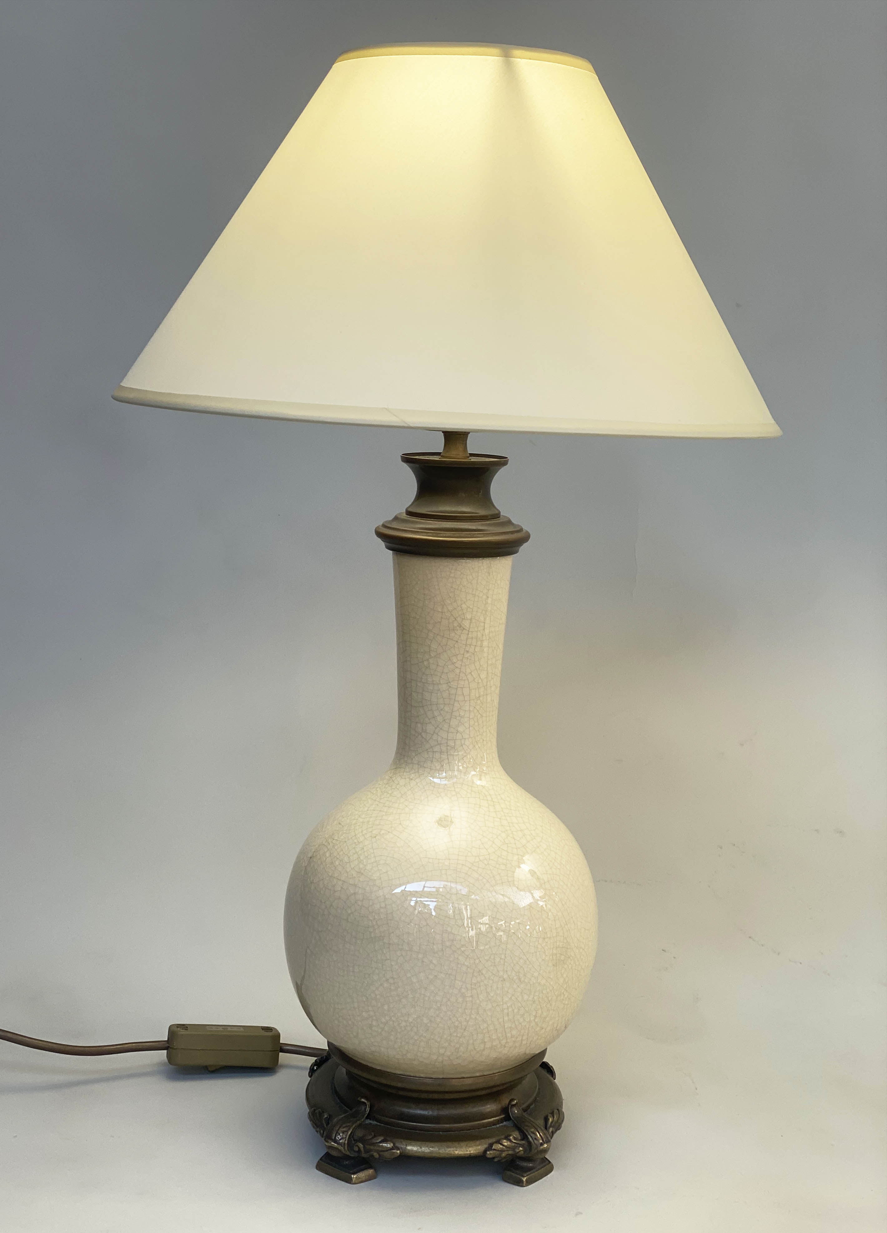 TABLE LAMPS, a pair, gourd vase form crackle glaze with gilt metal mounts and shades. (2) - Image 7 of 7