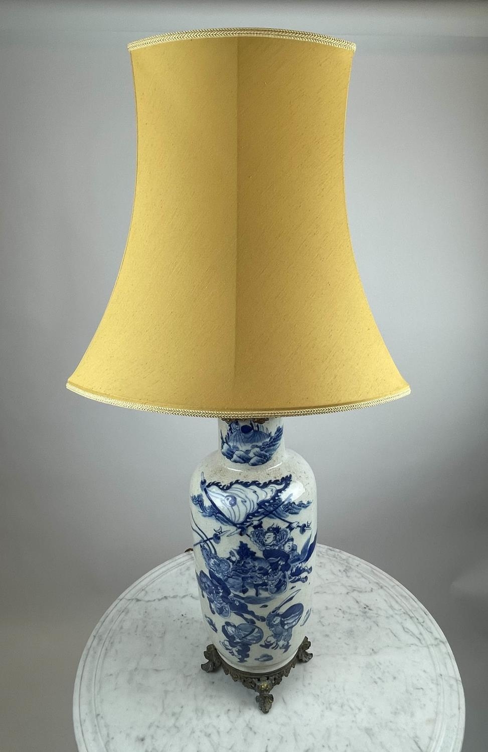 CHINESE LAMP, 19th century blue and white converted vase with battle scene decoration and