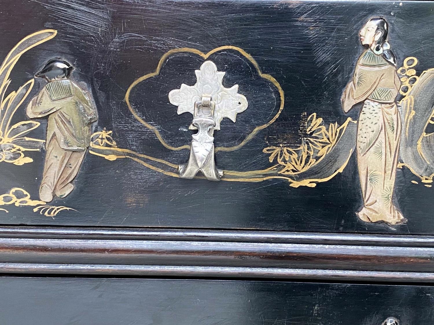 COMMODE, Chinese lacquered and gilt and stone chinoiserie decoration with two short and two long - Image 5 of 8