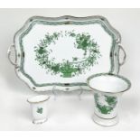 HEREND TRAY, green and gilt decorated, 46cm x 30cm, together with two matching vases, largest 15cm