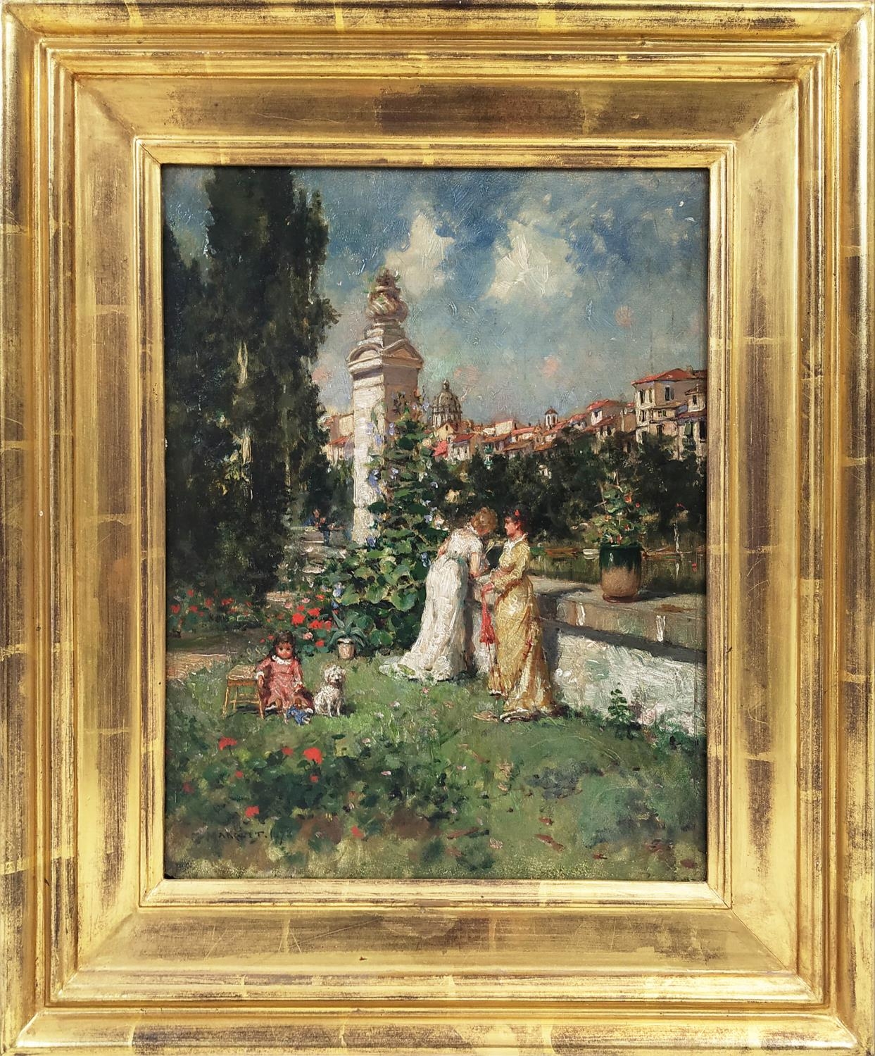 MARQUET, 'Garden Scenes with Figures', oil on board, 26cms x 21cms, a pair, signed and dated '1874', - Image 3 of 3