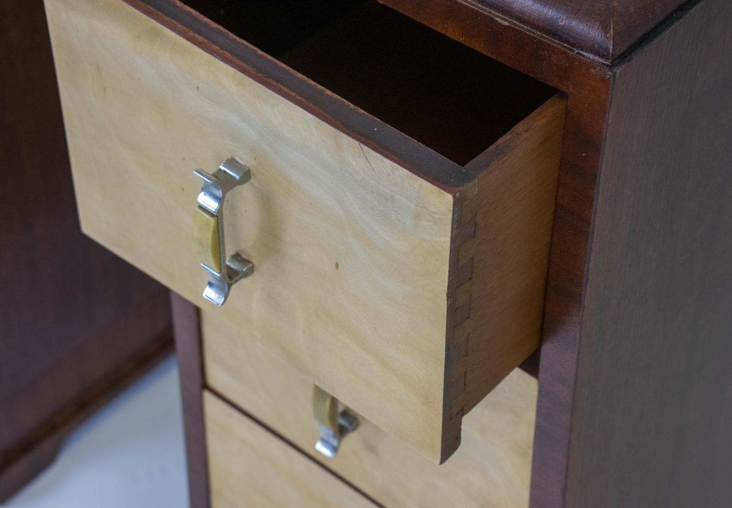 BEDSIDE CHESTS, 72cm H x 30cm W x 46cm D, a pair, Art Deco birch and walnut, each with three drawers - Image 3 of 4