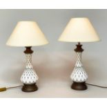 TABLE LAMPS, a pair, baluster form vase shaped and trellis decorated with gilt metal mounts and