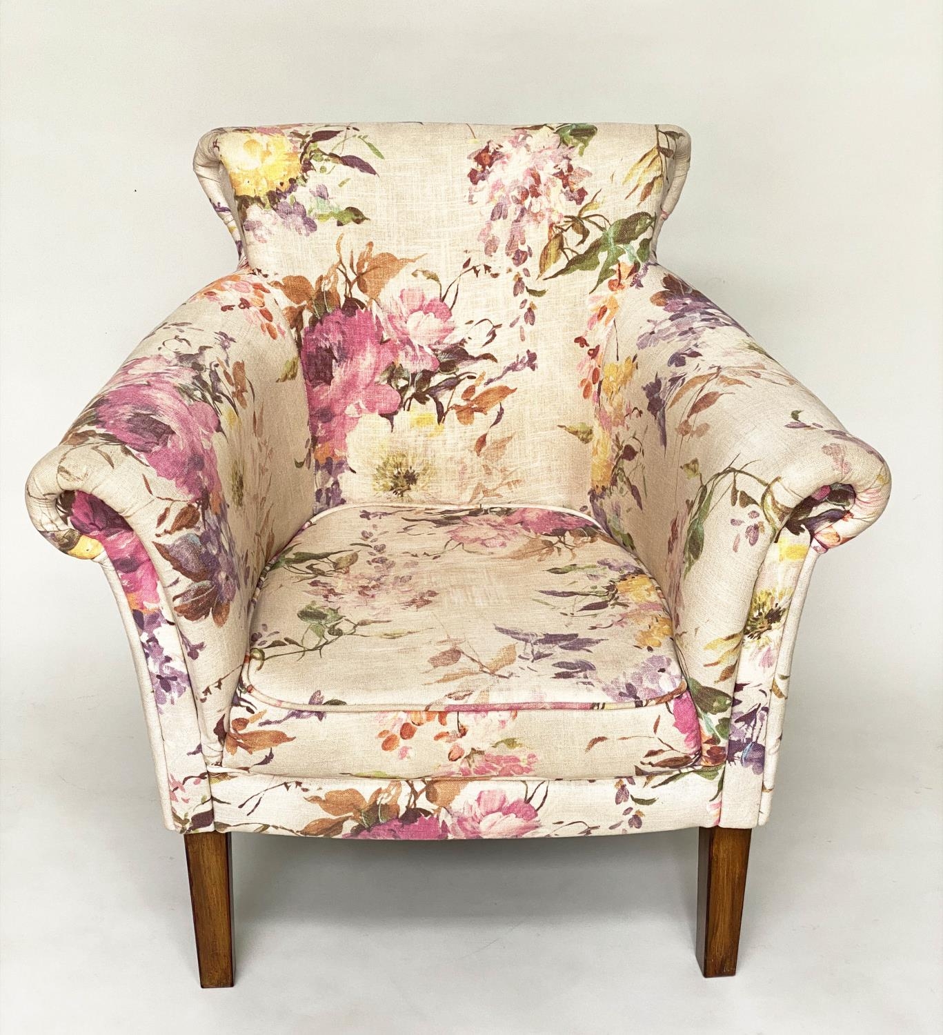 TUB ARMCHAIRS, a pair, with bow backs and Country House style printed linen upholstery and - Image 4 of 12