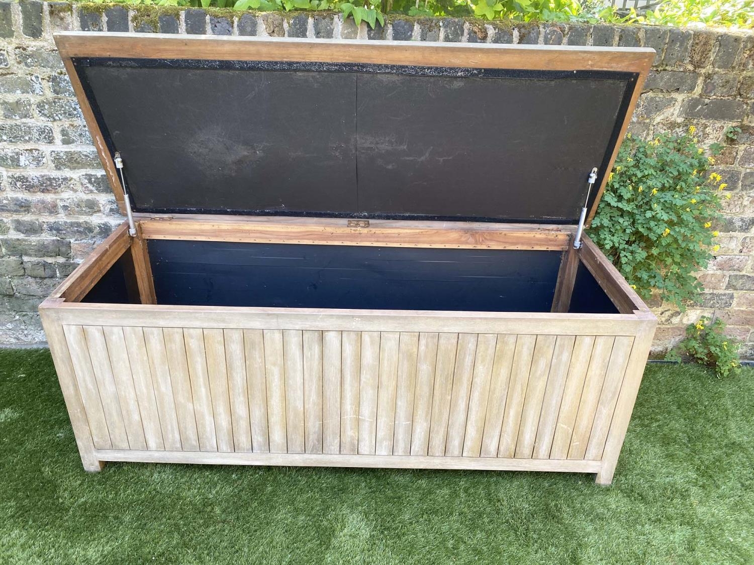 GARDEN STORAGE BOX, rectangular planked teak waterproof with hydraulic hinged rising lid by ' - Image 4 of 4