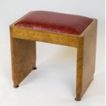 STOOL, 49cm H x 50cm W x 37cm D, Art Deco burr walnut, circa 1925, with red leather seat.