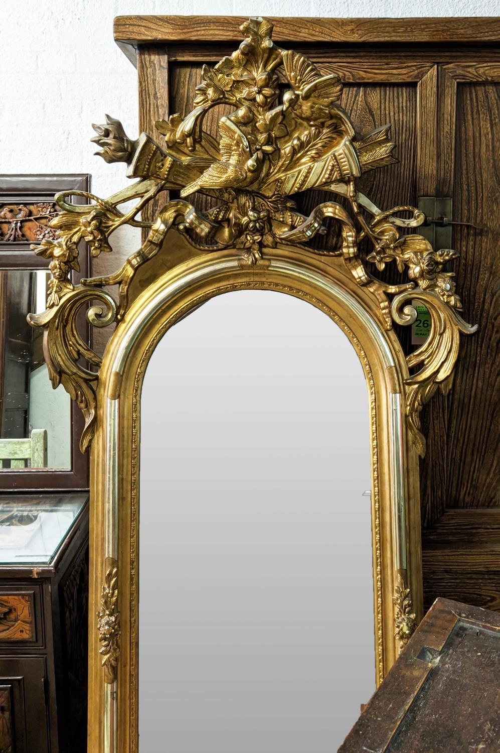 WALL MIRROR, 95cm W x 194cm H mid 19th century Continental giltwood with torch and quiver, bird - Image 2 of 7