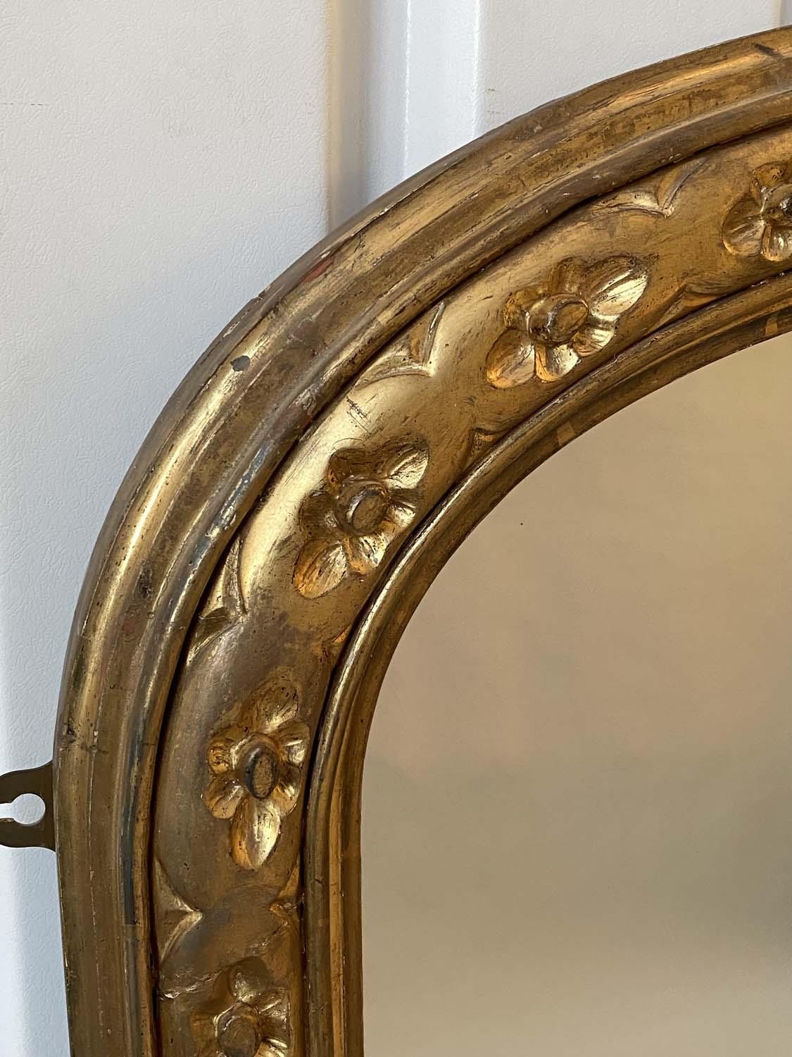 OVERMANTEL MIRROR, late 19th century English carved giltwood with arched moulded frame and - Image 4 of 6