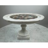 TAZZA, Italian white marble with semi-precious hardstone inlaid centre, 25cm H x 35cm D.