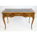 BUREAU PLAT, 78cm H x 122cm W x 61cm D, Louis XV style walnut and brass mounted with black leather