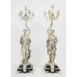 CANDELABRA, 100cm H x 25cm W x 25cm D, a pair, after Jean Louis Gregoire silver plate and marble