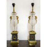 TABLE LAMPS, 63cm H x 14cm W, a pair, Empire style glass, brass and marble. (2)