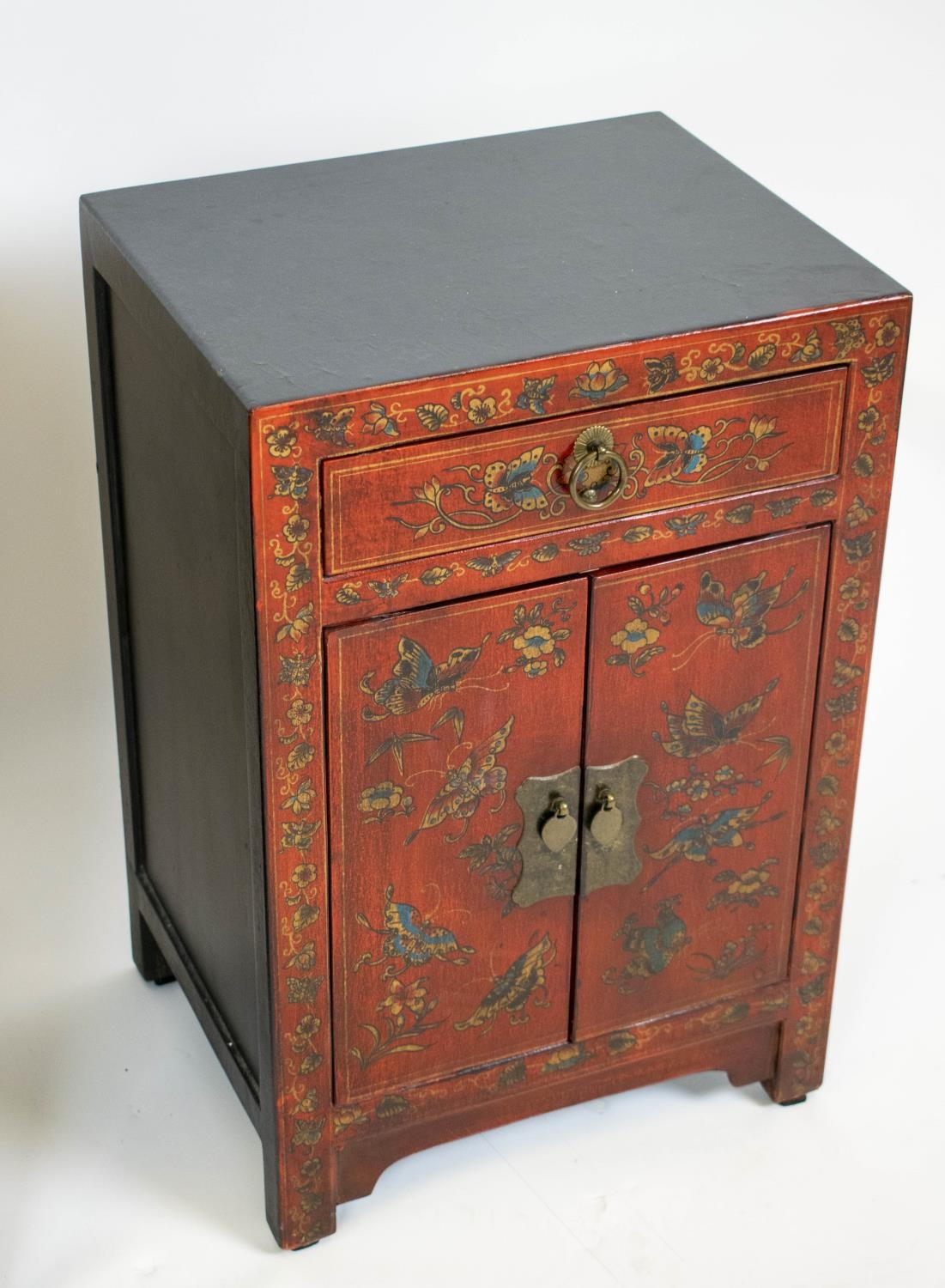 BEDSIDE CABINETS, 61cm H x 40cm W x 32cm D, a pair, Chinese scarlet and butterfly decorated, each - Image 2 of 4