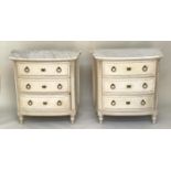 COMMODES, a pair, 19th century bowfronted original grey painted one with three drawers, the other