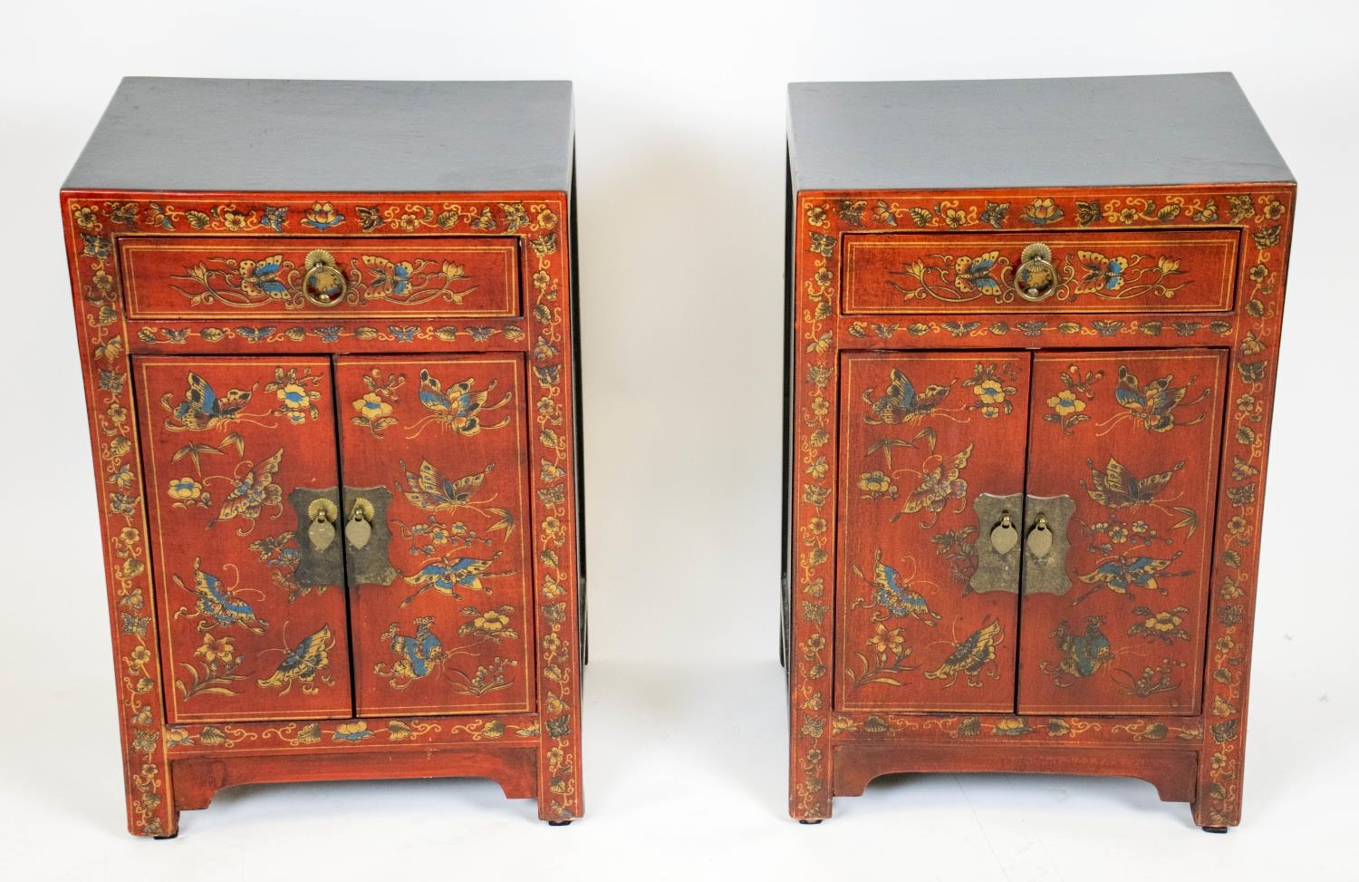 BEDSIDE CABINETS, 61cm H x 40cm W x 32cm D, a pair, Chinese scarlet and butterfly decorated, each