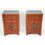 BEDSIDE CABINETS, 61cm H x 40cm W x 32cm D, a pair, Chinese scarlet and butterfly decorated, each