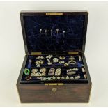A MID 19TH CENTURY ROSEWOOD JEWELLERY BOX, containing a collection of assorted jewellery and costume