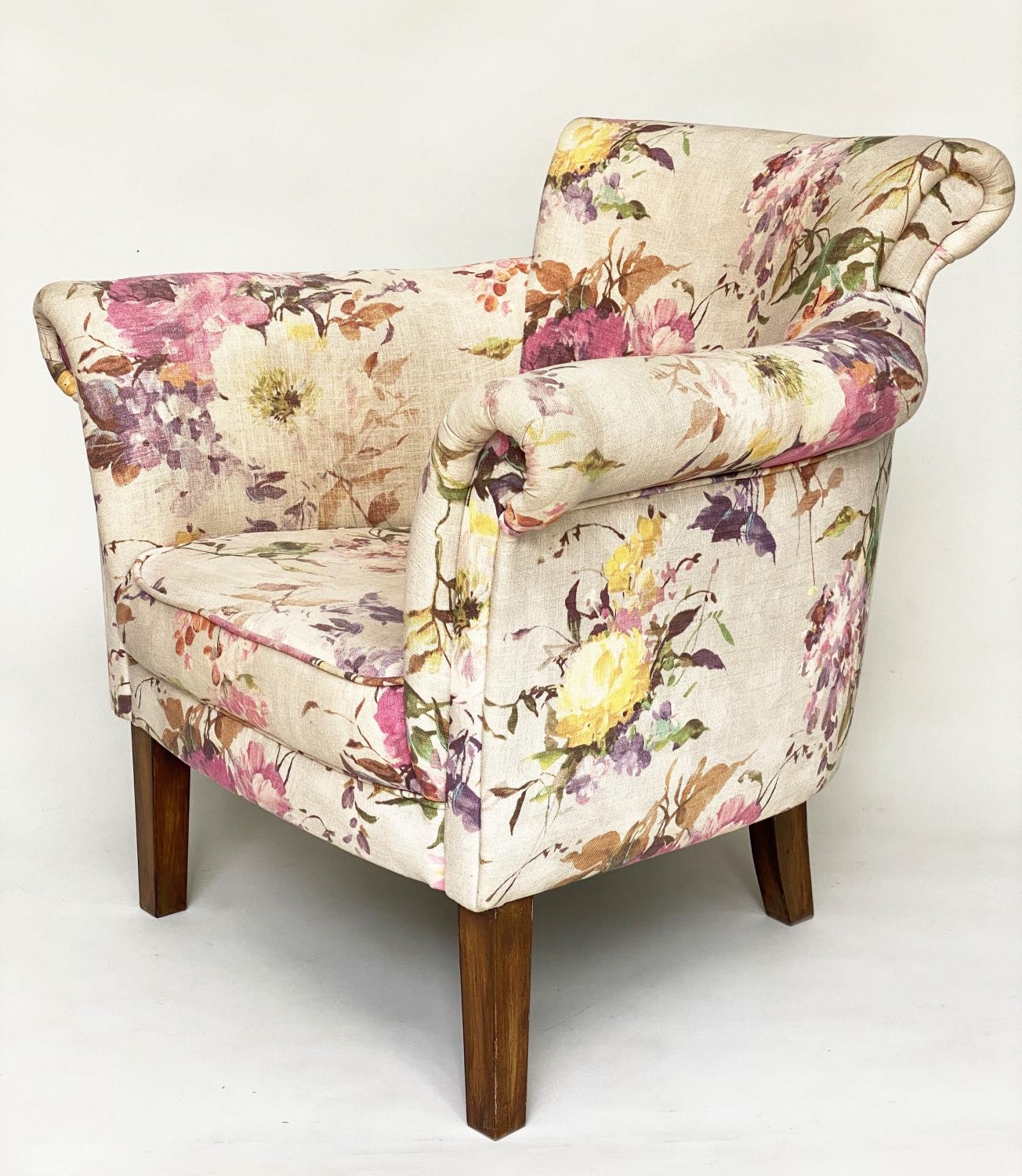 TUB ARMCHAIRS, a pair, with bow backs and Country House style printed linen upholstery and - Image 7 of 12