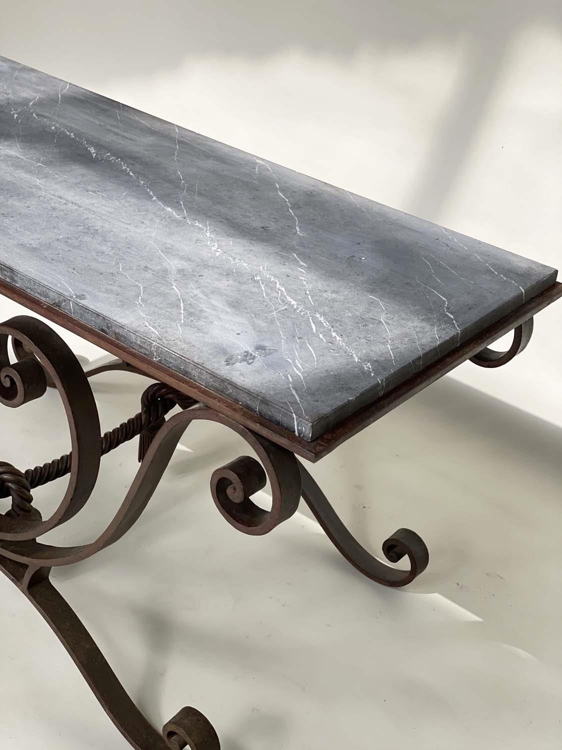 CENTRE TABLE, vintage rectangular veined grey marble top raised on a scrolling wrought iron - Image 2 of 7