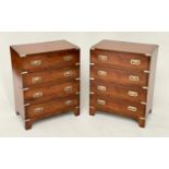 CAMPAIGN STYLE CHESTS, a pair, 1970s yewwood and brass bound each with four drawers, 60cm W x 38cm D