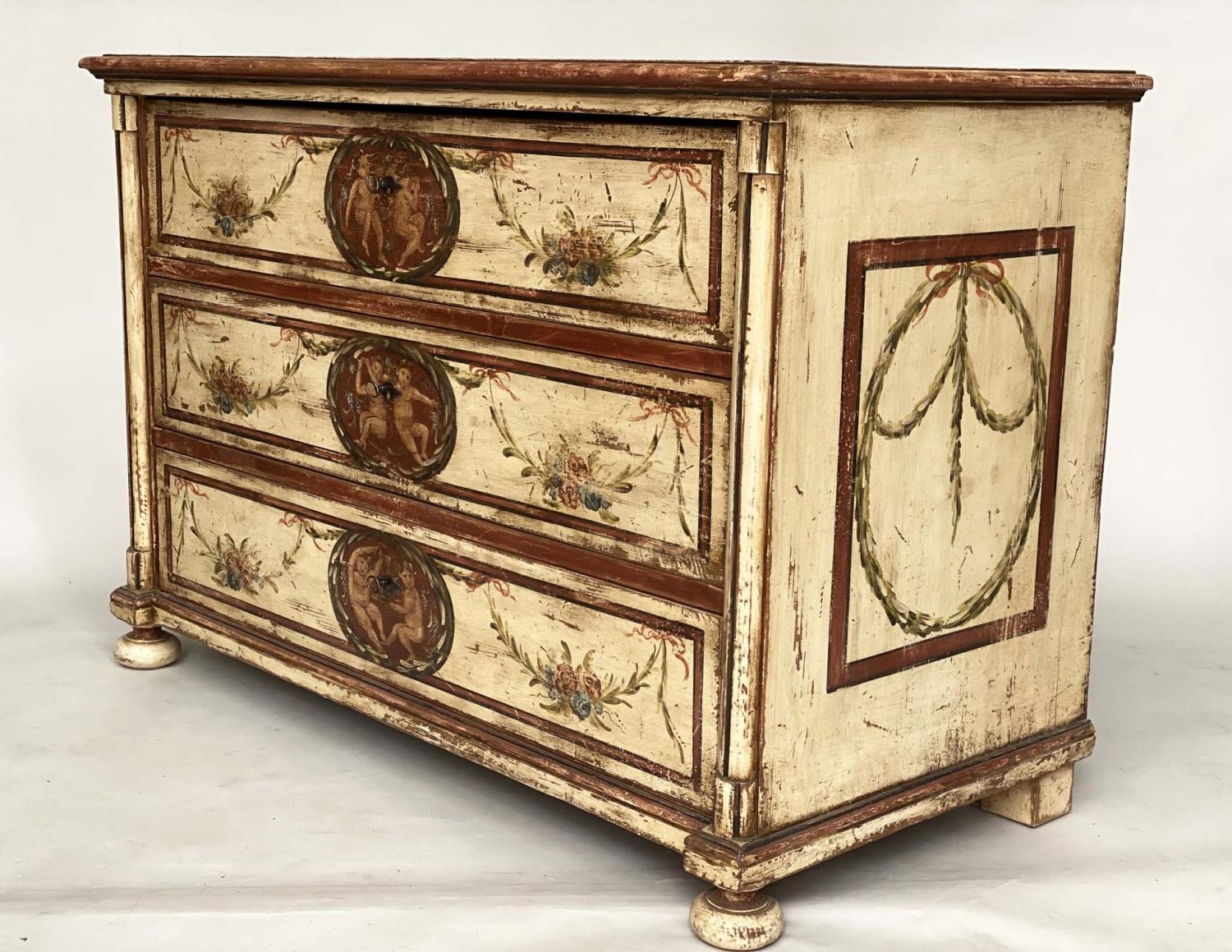 VENETIAN COMMODE, 19th century painted Neo Classical with floral swags and columns with three long - Image 3 of 8