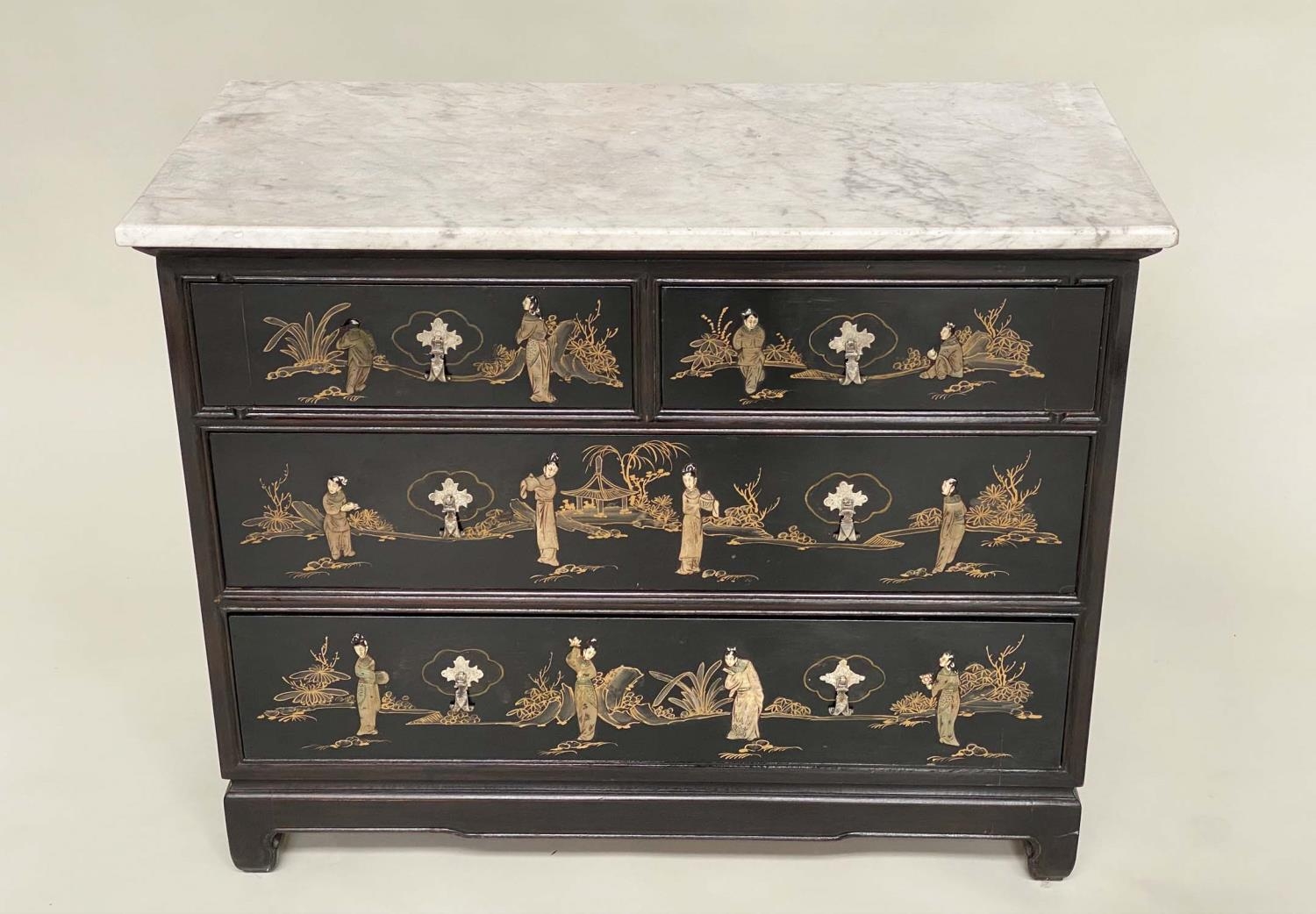 COMMODE, Chinese lacquered and gilt and stone chinoiserie decoration with two short and two long