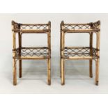 LAMP TABLES, a pair, bamboo and cane bound each with trellis galleries and two glazed shelves,