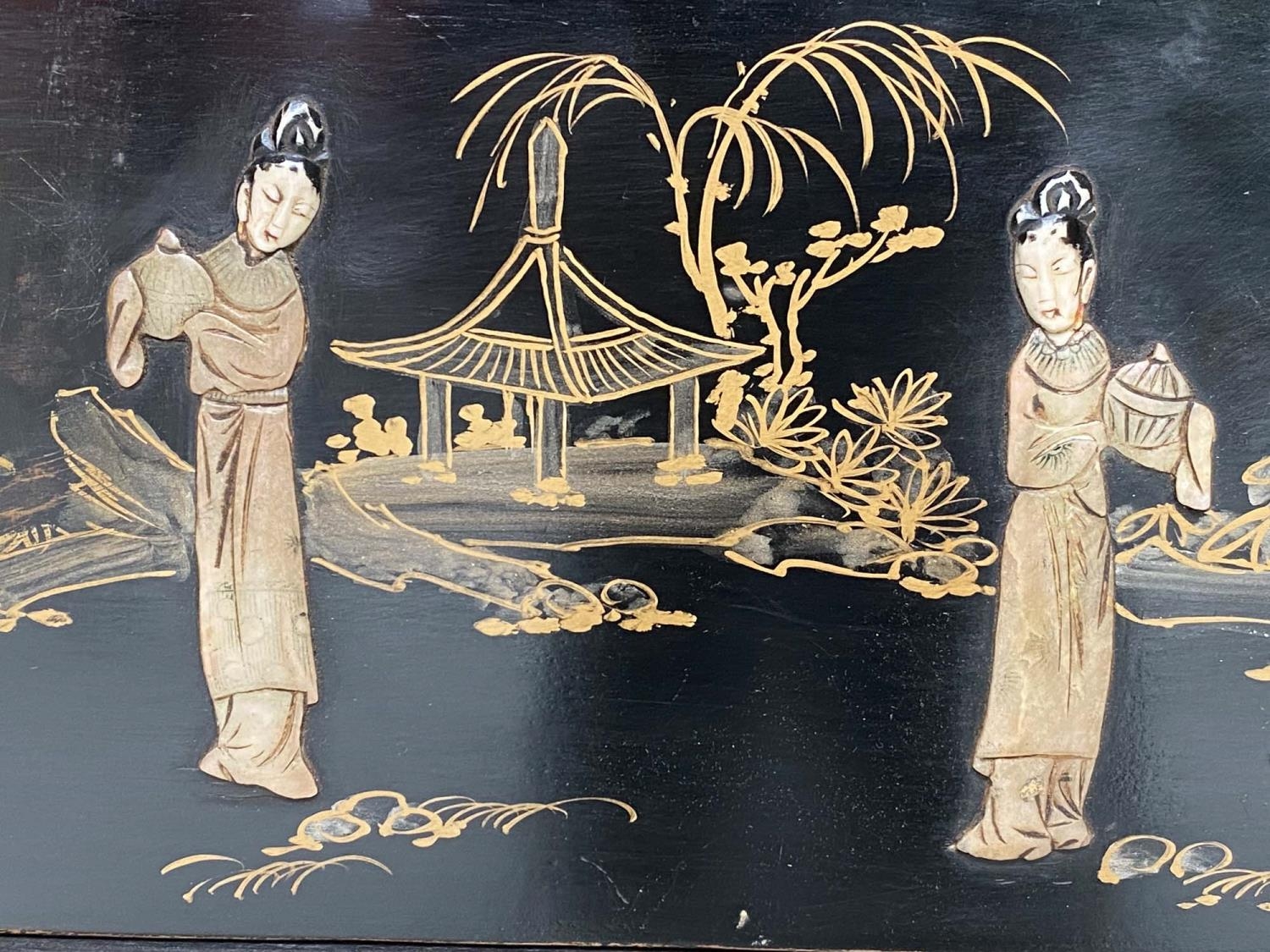 COMMODE, Chinese lacquered and gilt and stone chinoiserie decoration with two short and two long - Image 2 of 8