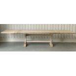 FARMHOUSE HARVEST TABLE, substantial limed oak with thick planked and cleated top raised upon