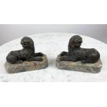 LION STATUETTES, a pair, cast bronze on marble bases, bears label to base 'Theodore and