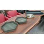 TRAYS, a pair, hexagonal faux shagreen, a circular metal tray 45cm W and a lacquered teal tray