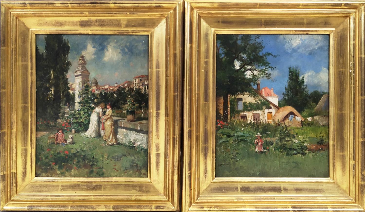 MARQUET, 'Garden Scenes with Figures', oil on board, 26cms x 21cms, a pair, signed and dated '1874',